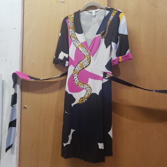 Diane von Furstenberg silk wrap dress snake print-black/white/pink/yellow&blue 6 - Picture 4 of 8